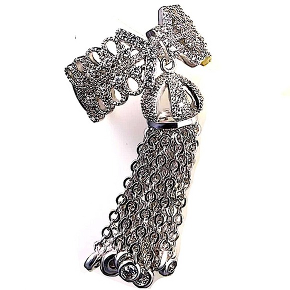 NEW WHITE GOLD PLATED CROWN TASSEL ADJUSTABLE RESIZABLE STATEMENT RING - Picture 3 of 11